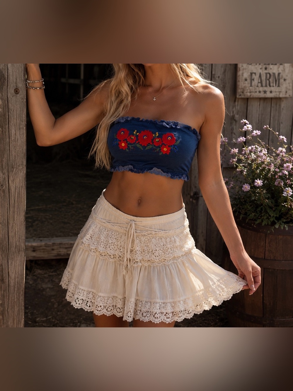 Medium Forever 21 Women’s Navy Tube Top with Red Floral Embroidery, Like New